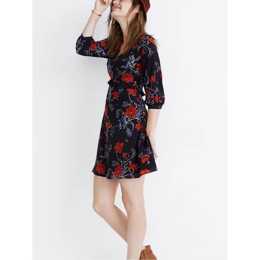 Madewell Silk Ruffle-Waist Navy Mini Dress with Red‎ Floral Print 4
